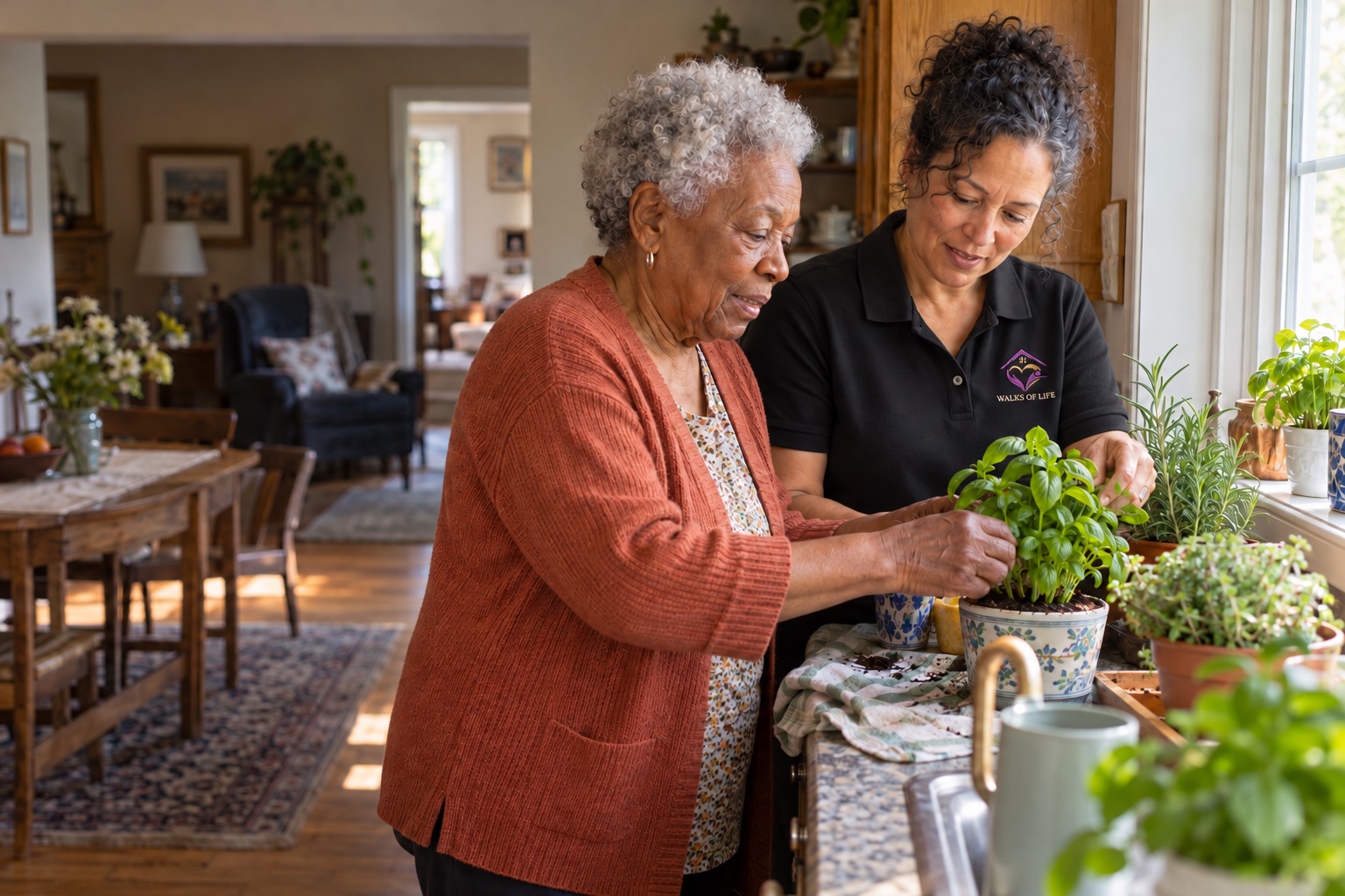 Illustrative scene of an older woman and a companion tending herbs at home