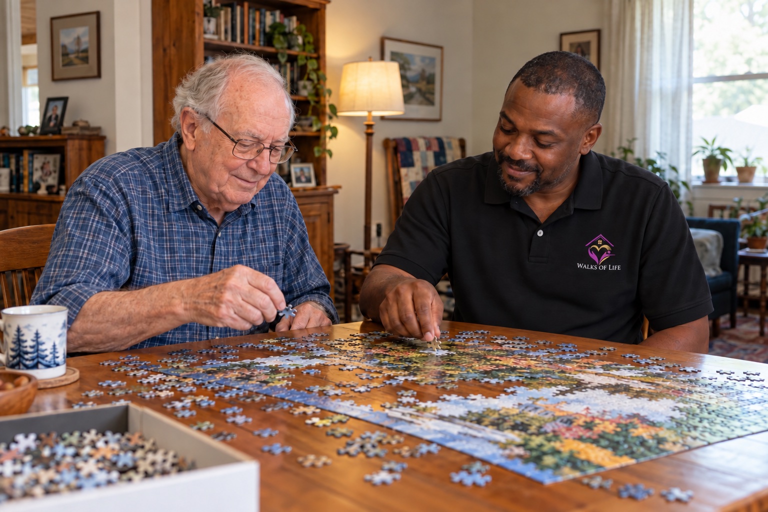 Illustrative scene of an older adult and companion enjoying a puzzle